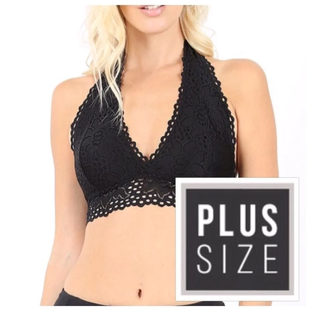 🎀PLUS Lace Halter Bralette Stretch Lined Blk 0119